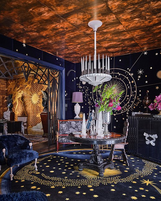 The study by Ken Fulk Inc. pays tribute to Art Deco, mysticism, and the Roaring ’20s, among other influences. The celestial map on the wall depicts the sky over Dallas on the opening night of the show house. Photo by Stephen Karlisch.
